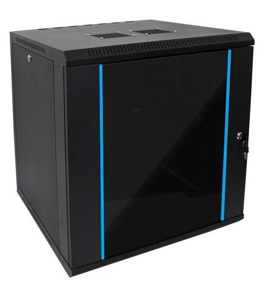 TechSon 600 x 450 mély 12U magas, fali rackszekrény, üveg ajtó, fekete