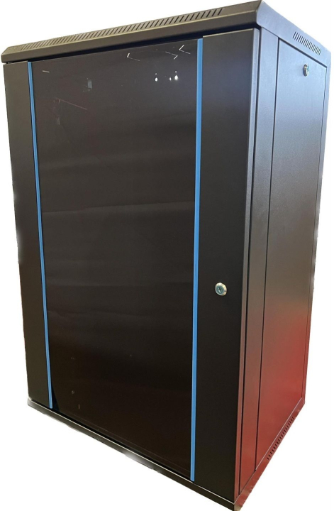 TechSon 600 x 450 mély 18U magas, fali rackszekrény, üveg ajtó, fekete